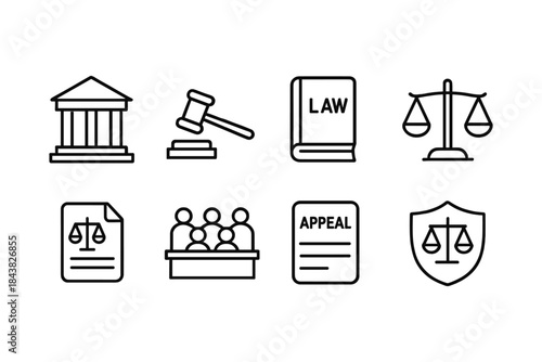 Legal icons set: courtroom symbols in modern linear design