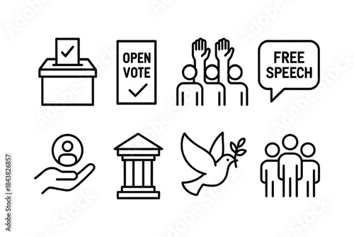 Icons of democracy and free expression: voting, speech, and unity in line art
