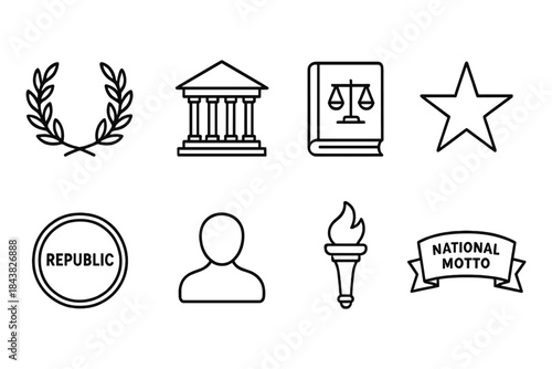 Outline icons of government symbols: laurel, courthouse, law book, star, seal, profile, torch, banner
