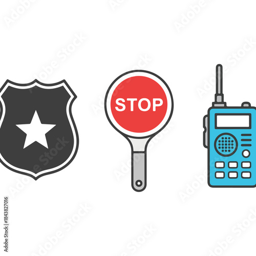 Safety icons shield stop sign and radio device.