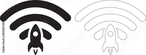 Black and white wifi symbol with a rocket ship on isolated