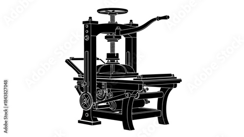 Vintage printing press black and white silhouette vector illustration, old typography equipment, antique machinery for historical art