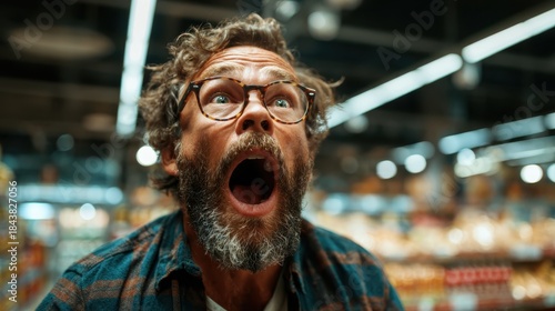 A shocked bearded man with wide eyes and an open mouth stands amidst brightly lit grocery store shelves, illustrating the intense emotions of surprise and astonishment in an everyday setting.