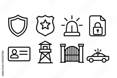 Security icons set featuring police, alarm, id, lock, and more in linear style