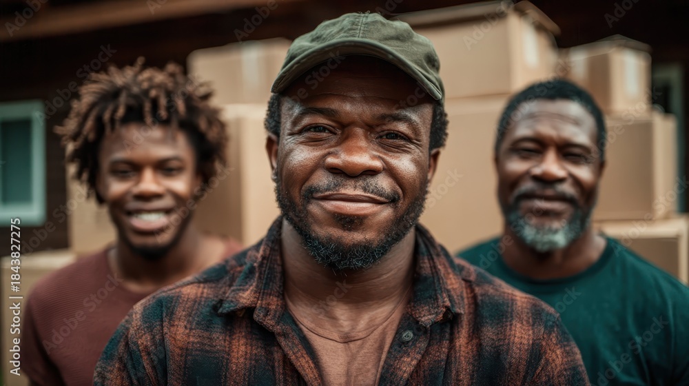 Obraz premium Three diverse men stand confidently in front of stacked boxes, showcasing camaraderie, teamwork, and a sense of purpose in an outdoor setting, enhancing workplace engagement.