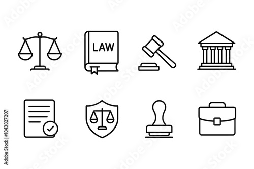 Set of linear legal icons: scale, gavel, courthouse, law book, contract, shield, stamp, briefcase