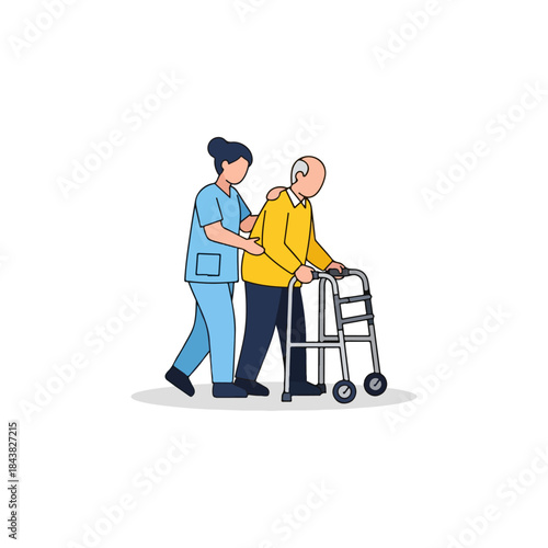 Caregiver assisting elderly man with walker during care.