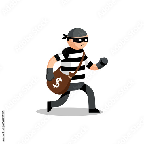 Cartoon thief running with a bag of money.