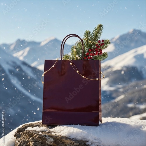 Festive burgundy shopping bag with Christmas greenery and berries on snowy mountain cliff, luxury holiday gift concept in winter alpine landscape
