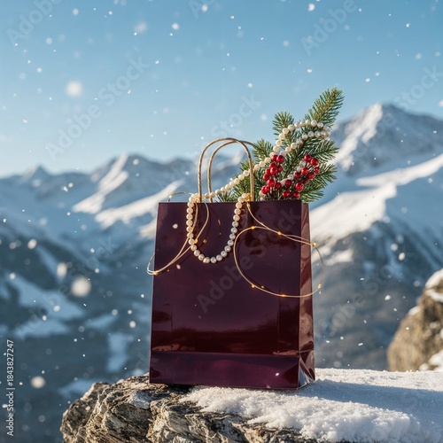 Festive burgundy shopping bag with Christmas greenery and berries on snowy mountain cliff, luxury holiday gift concept in winter alpine landscape