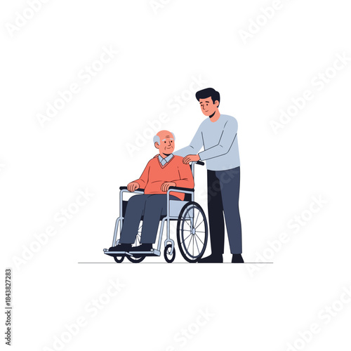 Elderly man in wheelchair being assisted by caregiver.