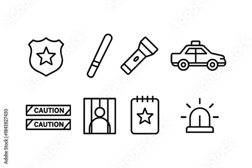 Minimalist police icons set featuring badge, baton, flashlight, patrol car, jail, and siren