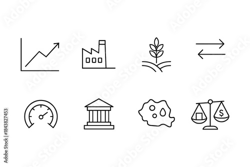 Minimal line icons: growth, industry, agriculture, exchange, speed, law, resources, balance
