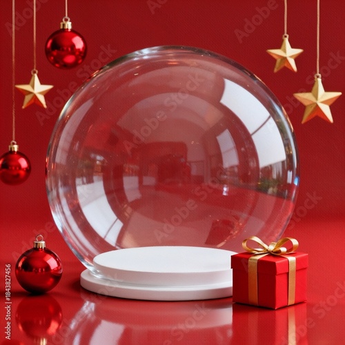 Christmas snow globe with red baubles and golden stars, festive holiday decoration on green background