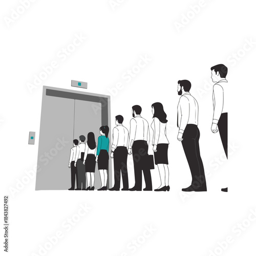 Business people waiting in line for elevator.