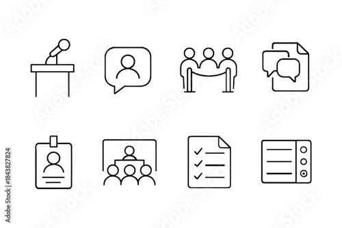 Minimalist conference icons: communication, presentation, networking in line art