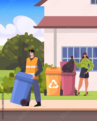 A waste collector is removing a trash container from in front of the building. A woman throws away a bag of garbage near her home. Vector Not AI generated