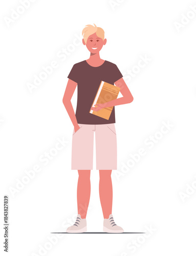 A young boy with blonde hair holding a yellow book in his hand. Education and learning concept. Vector Not AI generate