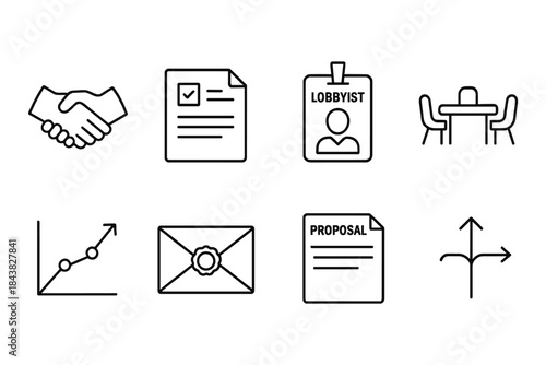 Business and office line icons set with handshake, documents, and meeting symbols