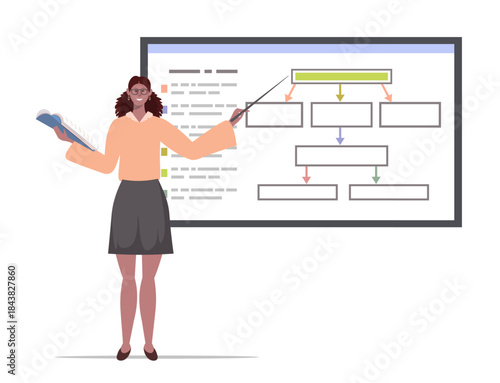 School teacher teaching, standing at blackboard. Professor at chalkboards on a white background. Educational or business training concept. Vector Not AI generated.