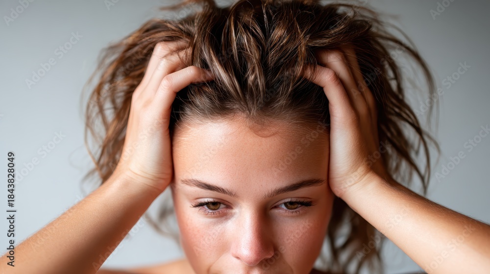 Naklejka premium A young woman shows signs of stress and anxiety, clutching her head with both hands, emphasizing the emotional toll and mental strain in a simple, neutral backdrop.