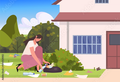  Young woman collecting plastic and garbage into trash bag near her house. Female cleaning environment, nature from rubbish. Vector Not AI generated