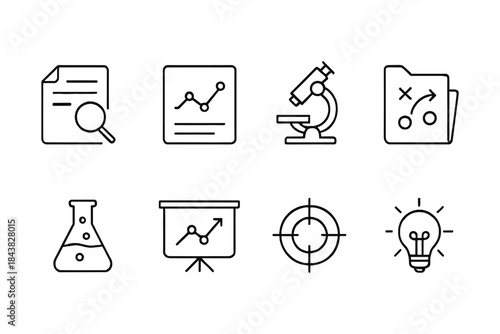 Stylish line icons: science, research, and analysis tools for modern design