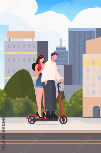 Young man and woman riding electric scooter through city street.  Eco-friendly urban transportation. Active lifestyle. Vector Not AI generated
