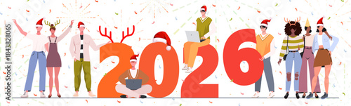 Happy 2026 New Year celebration. Banner with happy people near 2026 numbers. Smiling friends and colleagues in Santa hats and festive accessories celebrate New Year holidays. Vector Not AI generated.