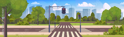 An empty urban intersection featuring a crosswalk and traffic light, surrounded by modern buildings, trees, bushes, and a cloudy sky. A wide landscape view of a quiet city crossing. Vector 