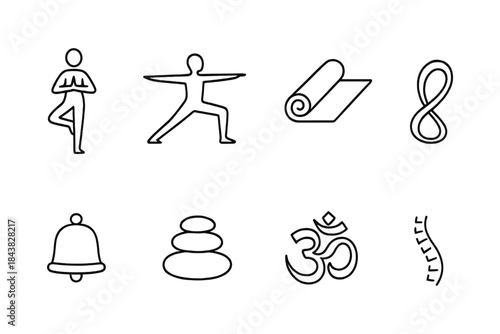 Minimalist yoga and meditation icons: poses, mats, and wellness symbols for mindful design