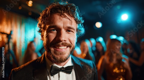 A joyful man with curly hair and a beard smiles brightly while posing in formal attire at a lively event, capturing the festive atmosphere and celebration around him.
