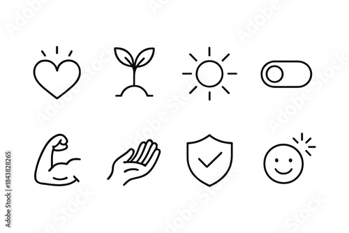 Minimalist icon set of heart, plant, sun, toggle, strength, hands, shield, smiley