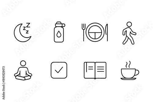 Daily routine icons for healthy lifestyle: sleep, nutrition, exercise, and relaxation