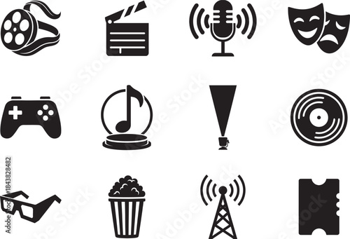 Minimal silhouette entertainment icon set built with expressive movements, vibrant forms, and clean shapes.