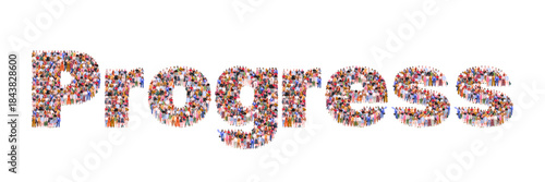 Large group of people forming word Progress. Ideal for themes related to community, development, collaboration, and human-centered innovation. Vector Not AI generated