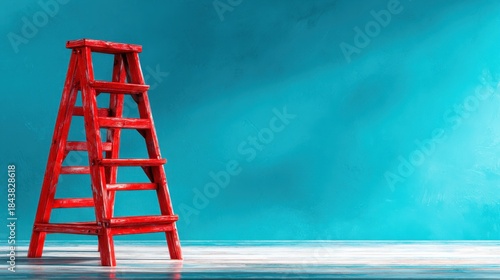 A striking red ladder stands alone against a bright blue background, emphasizing themes of ambition, achievement, and the journey toward reaching new heights and aspirations.