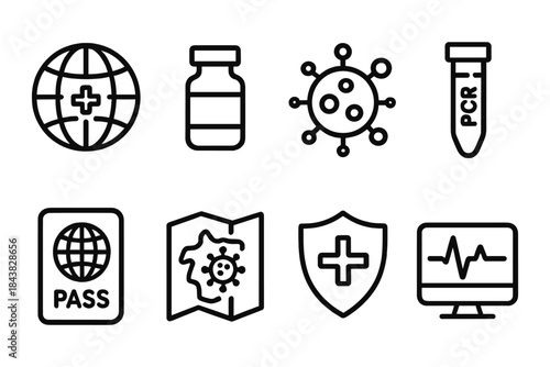 Essential health icons collection featuring medicine, virus, testing, and safety elements