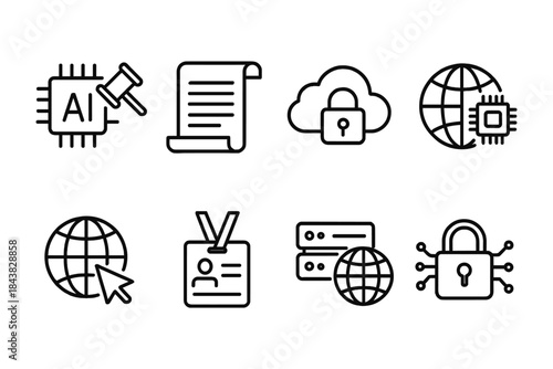 Linear technology icons set: ai, security, cloud, global network, and data protection symbols