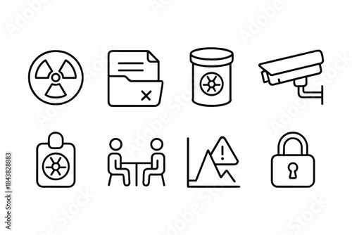 Security and hazard outline icons: pollution, surveillance, biohazard, risk management