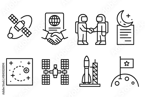 Space exploration icons: satellites, agreements, astronauts, rockets, and moon missions in linear style