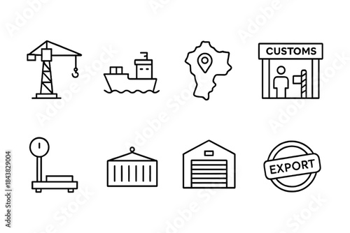 Logistics and shipping icons: cargo, customs, and export symbols