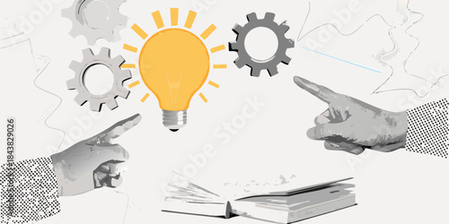 A bright idea hands pointing towards a glowing lightbulb with gears