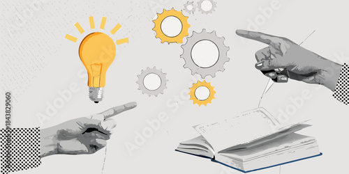 Innovation concept with lightbulb gears hands pointing and an open book