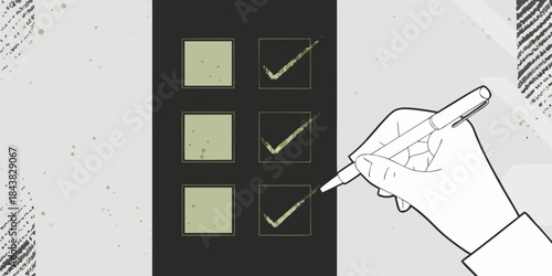 Hand checking boxes on a form with a pen simple illustration