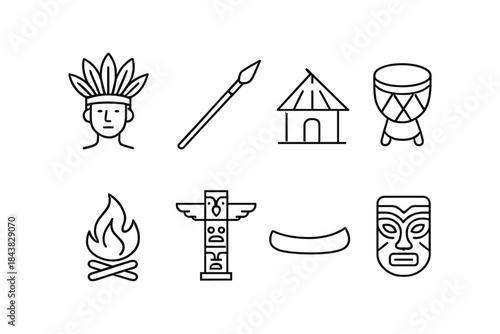 Native icon set: indigenous symbols including masks, tools, and drum in linear style