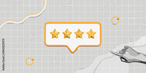 Four golden stars inside a speech bubble on a grid background