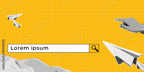 Paper airplanes hand pointing and search bar on yellow grid background