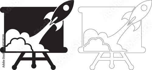 Black and white rocket icons on easel on isolated