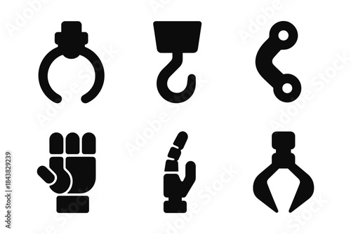 Set of black silhouette robotic arm icons for industrial automation